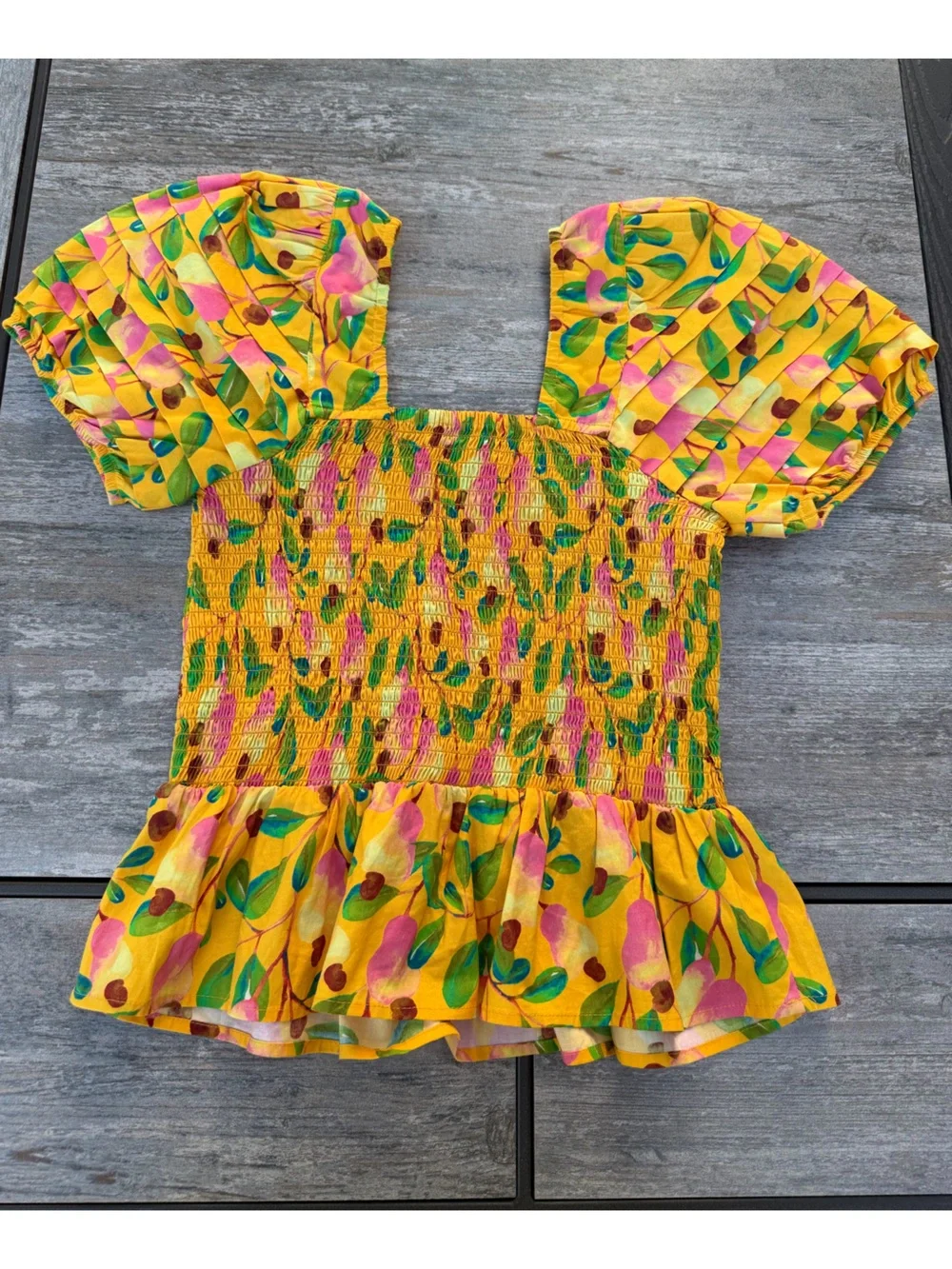 Farm Rio Mini Cashew Yellow Smocked Peplum Top with Puff Sleeves size S
